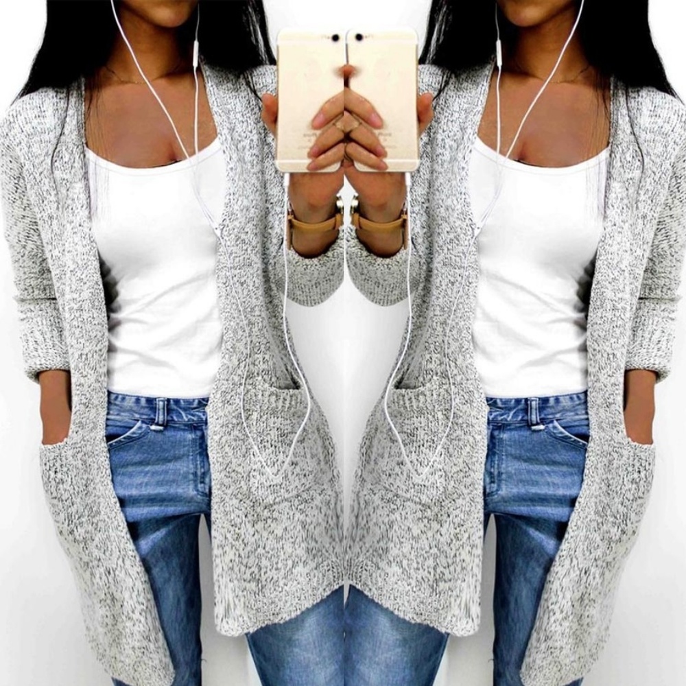 Essential Fall Cardigan Long Knit Grey w/ Pockets - Picture 6 of 6